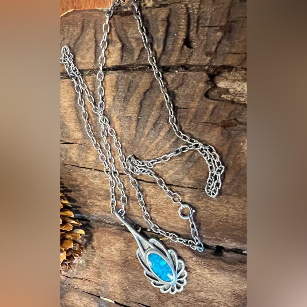 Navajo Crushed Turquoise Necklace Lotus Flower Pendant Coin Silver Native TT